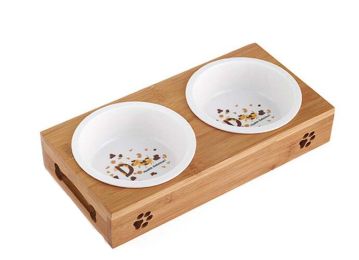 Natural Bamboo Box Ceramics Double Pet Bowls