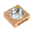 Natural Bamboo Box Stainless Steel Single Pet Bowl