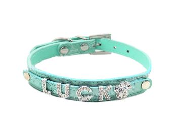 Letter Adjustable Rhinestones Studded Dog Collar (11~14 In, Sky Blue)