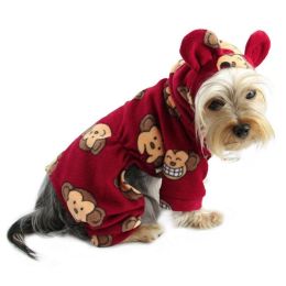 Adorable Silly Monkey Fleece Dog Pajamas/Bodysuit with Hood - Burgundy (Size: XS)