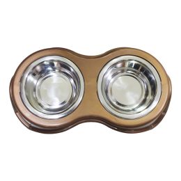 Plastic Framed Double Diner Pet Bowl in Stainless Steel - Gold and Silver (Size: Large)
