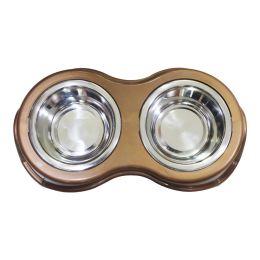 Plastic Framed Double Diner Pet Bowl in Stainless Steel - Gold and Silver (Size: Large)