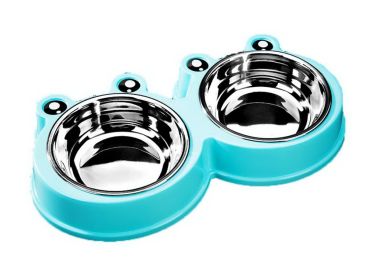 Frog Holder Stainless Steel Double Dog Bowls (Color: Blue)