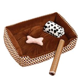 Detachable Cushion Rectangle Small Dog Bed with Toy, Blanket and Mat (Style: Checkered Brown)