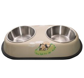 Double Stainless Steel Bowls for Dogs with Dog Design (Color: Tan)