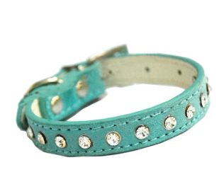 Adjustable Leather Rhinestone Studded Dog Collar(9~13 Inch) (Color: Teal)